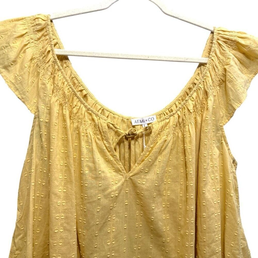 Yellow Tunic Mini Dress Ruffled Cap Sleeve Cotton NWT | Aemi+Co - Picture 11 of 14
